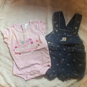 Carhartt Pink Onesie and Blue Denim Overalls